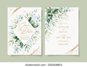 beautiful wedding invitation template set with greenery decoration