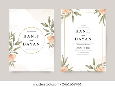 Beautiful wedding invitation template set with orange flowers and leaves decoration