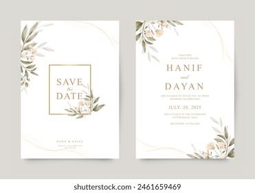 Hermoso conjunto de Plantilla de invitación de boda con acuarela floral
