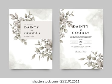 Beautiful wedding invitation template set with watercolor leaves