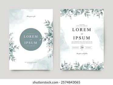 Beautiful wedding invitation template set with watercolor floral leaves