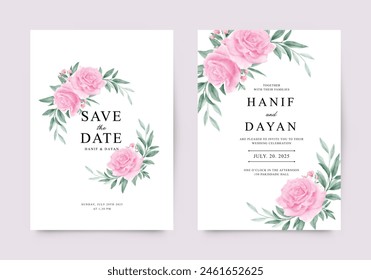 Beautiful wedding invitation template with watercolor pink roses and green leaves