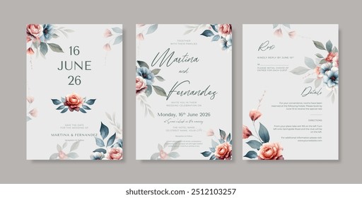 Beautiful wedding invitation template with watercolor flower