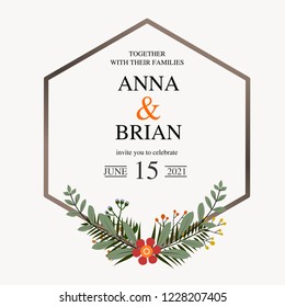 Beautiful Wedding Invitation. Vector natural, botanical, elegant template. Wedding floral watercolor style, invitation, save the date card design with forest greenery herbs, leaves.