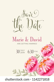 Beautiful wedding invitation with watercolor flowers. Save de date card. Vector