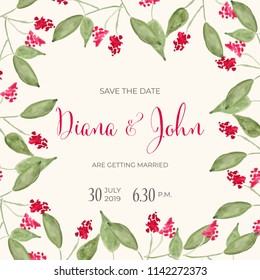 Beautiful wedding invitation with watercolor flowers. Save de date card. Vector