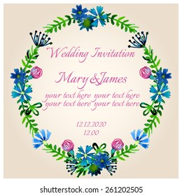 Beautiful wedding invitation with watercolor flowers, boho style. Vector illustration.