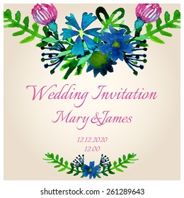 Beautiful wedding invitation with watercolor flowers, boho style. Vector illustration.
