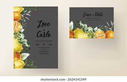 Beautiful Wedding Invitation with Watercolor Fruit and Flowers