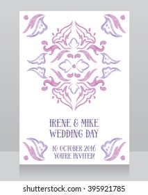 beautiful wedding invitations with hand drawn watercolor ornament, vector illustration
