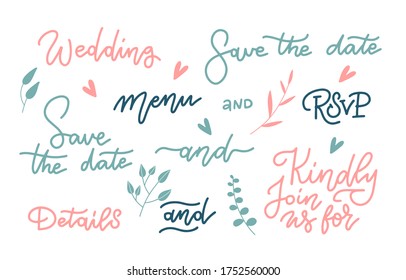 Beautiful wedding letttering set. Special phrases for cards decoration. Modern linear calligraphy script. Kindly join us for, Menu, Save the date