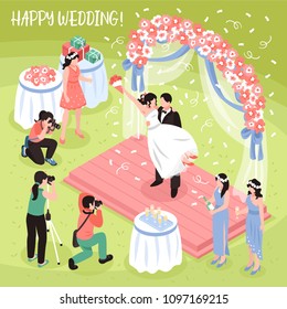 Beautiful wedding photo shoot and three professional photographers 3d isometric vector illustration