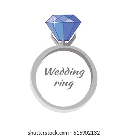 Beautiful wedding ring with blue gemstone. Engagement ring with blue gem. Ring icon in flat. Precious ring with blue gem. Isolated vector illustration on white background.