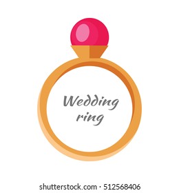 Beautiful wedding ring with red gemstone. Engagement ring with red gem. Ring icon in flat. Beautiful red ruby. Precious ring with red gem. Isolated vector illustration on white background.