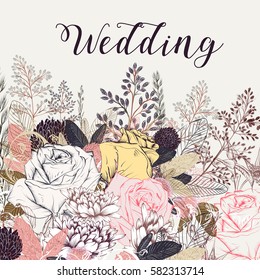 Beautiful wedding save the date card with rose flowers in pastel colors