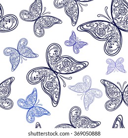 Beautiful wedding seamless pattern with blue colored butterflies. Perfect for background greeting cards and invitations of the Wedding, Birthday and Valentines Day.