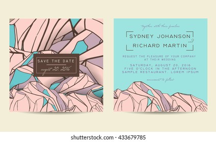 Beautiful wedding set, decorated with abstract mountains. Geometric invitation template