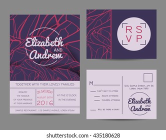 Bonito conjunto de bodas, decorado con montañas abstractas. Plantilla de invitación geométrica