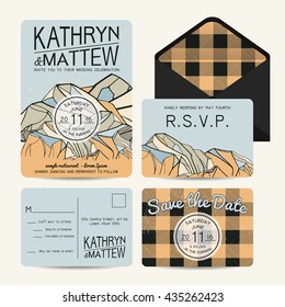 Beautiful wedding set, decorated with abstract mountains. Geometric invitation template