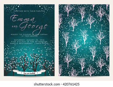 Beautiful wedding set, decorated with blooming tree. Vintage invitation template with glowing garland