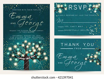 Beautiful wedding set, decorated with fairy tree. Vintage invitation template with glowing hearts and golden glitter