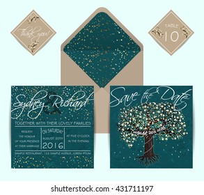 Beautiful wedding set with envelope, decorated with fairy blooming tree. Vintage invitation template, golden glitter design