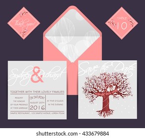 Beautiful wedding set with envelope, decorated with blooming tree. Vintage invitation template