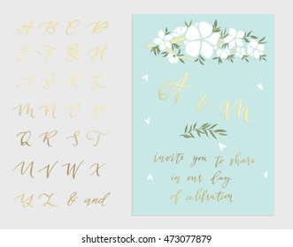 Beautiful wedding set with hand lettering and floral set. Vector cards templates Alphabet for your name initials