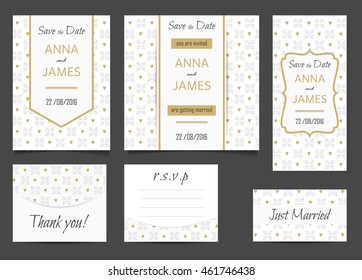 Beautiful wedding set of printed materials with a abstractl design. Wedding invitation card, save the date cards, R.S.V.P. and thank you card.