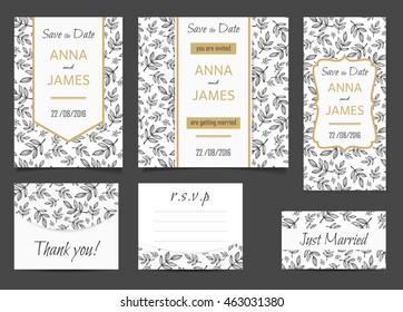 Beautiful wedding set of printed materials with a abstractl design. Wedding invitation card, save the date cards, R.S.V.P. and thank you card.