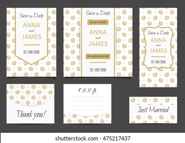 Beautiful wedding set of printed materials with a abstractl design. Wedding invitation card, save the date cards, R.S.V.P. and thank you card.