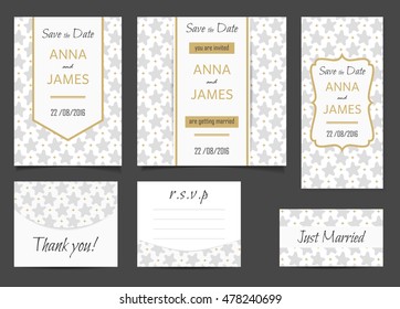 Beautiful wedding set of printed materials with a abstractl design. Wedding invitation card, save the date cards, R.S.V.P. and thank you card.