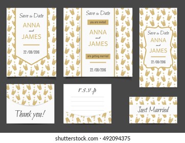 Beautiful wedding set of printed materials with a abstract design. Wedding invitation card, save the date cards, R.S.V.P. and thank you card.