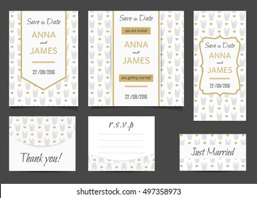 Beautiful wedding set of printed materials with a abstract design. Wedding invitation card, save the date cards, R.S.V.P. and thank you card.