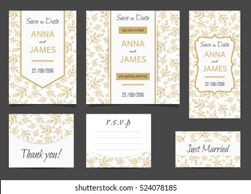 Beautiful wedding set of printed materials with a abstract design. Wedding invitation card, save the date cards, R.S.V.P. and thank you card.