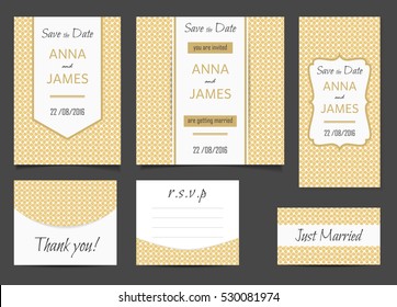 Beautiful wedding set of printed materials with a abstract design. Wedding invitation card, save the date cards, R.S.V.P. and thank you card.