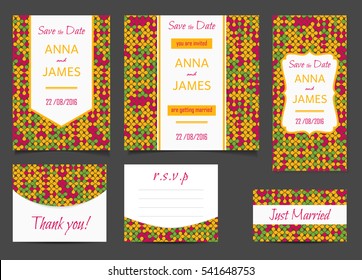 Beautiful wedding set of printed materials with a abstract design. Wedding invitation card, save the date cards, R.S.V.P. and thank you card.