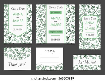 Beautiful wedding set of printed materials with a abstract design. Wedding invitation card, save the date cards, R.S.V.P. and thank you card.