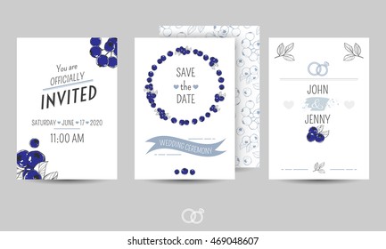 Beautiful wedding templates. Wedding invitations. Stylish holiday backgrounds with blueberries. Set of holiday cards