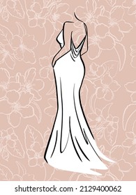 Beautiful wedding white dress. Fashion vector background. Wedding illustration with flowers texture. 