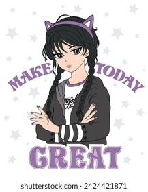 Beautiful Wednesday girl illustration.Wednesday series typography font vector.T shirt graphics for girls.Cool anime girl character.​Japanese style, Cute manga girl drawing.Korean vector girl child.