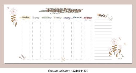 Beautiful weekly planner with cute hand drawn flower vector illustration for design
