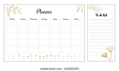 Beautiful weekly planner with gold flowers