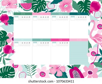 Beautiful weekly planner template. Tropical Garden. Stationery organizer for daily plans. Vector illustration. Print Design.