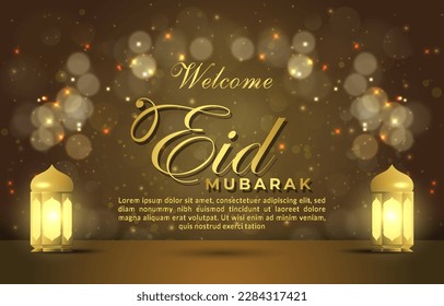 beautiful welcome eid mubarak banner with quote and beautiful shiny islamic ornament and abstract gradient brown and golden background design