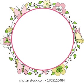 Beautiful werth with spring doodle flowers and butterflies. Pattern for card or poster.