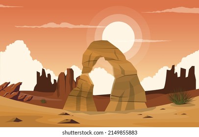 Beautiful Western American Rock Arch Vast Desert Landscape Illustration
