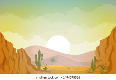 Beautiful Western Desert Landscape with Sky Rock Cliff Mountain Vector Illustration