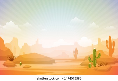 Beautiful Western Desert Landscape With Sky Rock Cliff Mountain Vector Illustration