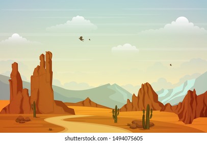 Beautiful Western Desert Landscape with Sky Rock Cliff Mountain Vector Illustration